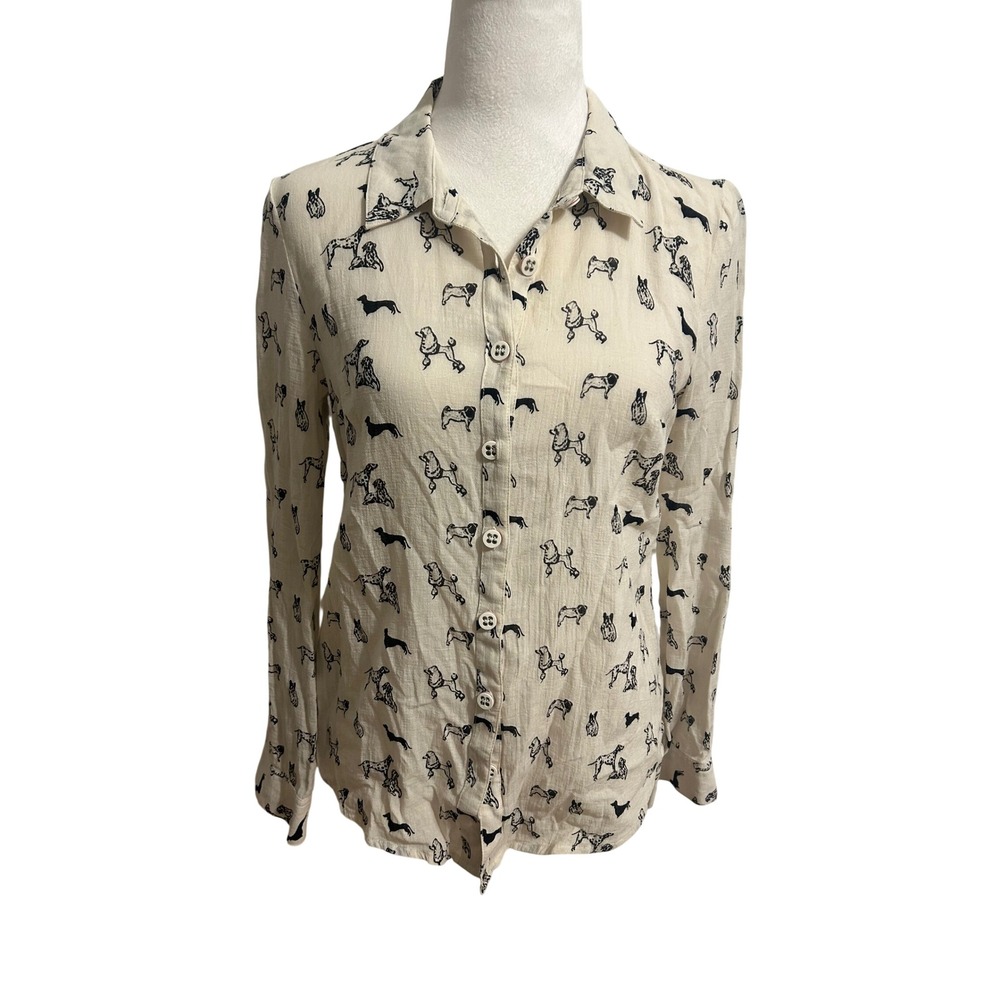 ModCloth Small button up dog print whimsy retro black white tab sleeve blouse